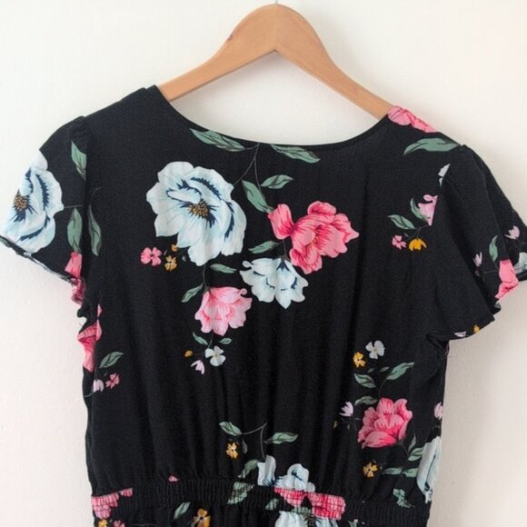 Old Navy Black Dress Pink & Blue Floral Flutter Short Sleeve Pull On Sz M - Picture 6 of 7